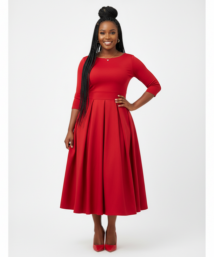 Plus Size Semi Formal Black Round Neck Short Sleeve Midi Dress - Main Image