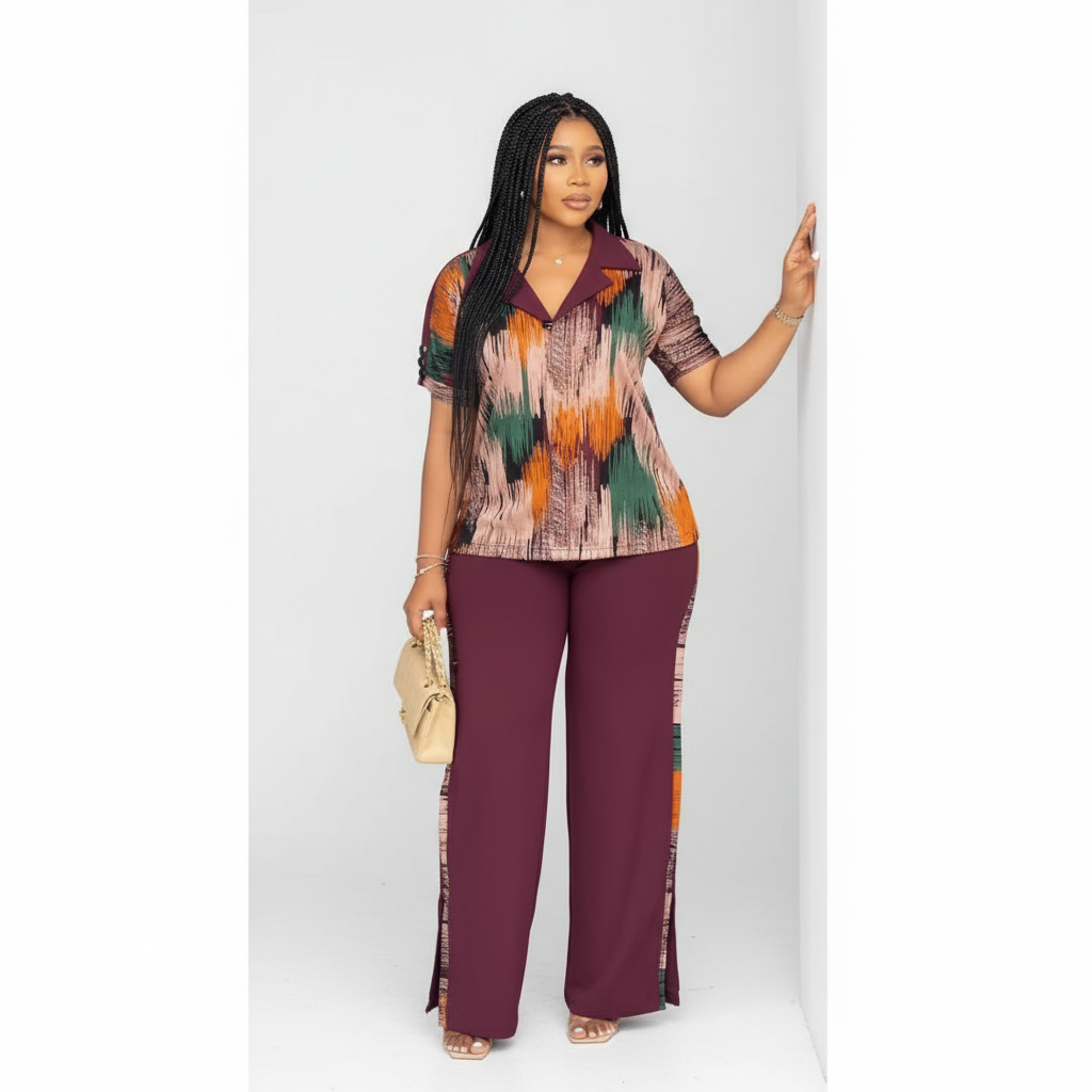 Down-Collar Short Sleeve Top & Matching Long Pants Set