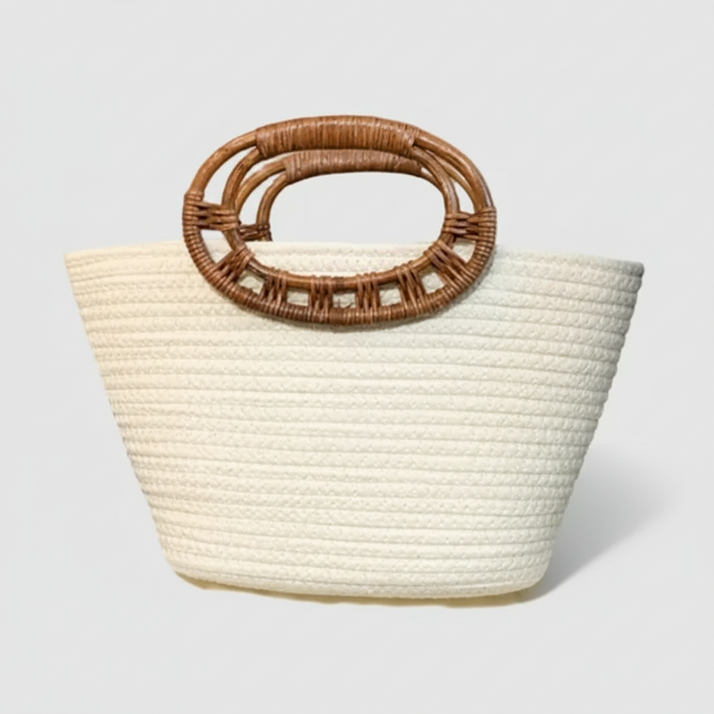 Large Capacity Woven Rattan Handle Handwoven Shoulder Handbag