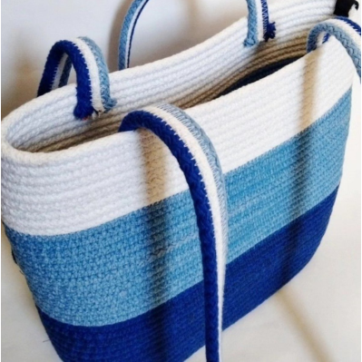 Shoulder tote bags Aqua Blue & White Cotton Rope Ladies Handbag