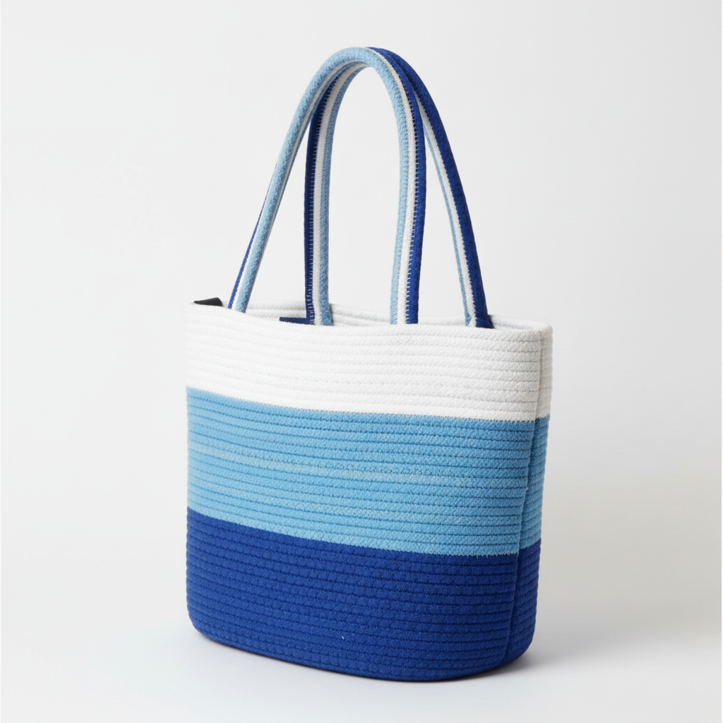 Shoulder tote bags Aqua Blue & White Cotton Rope Ladies Handbag
