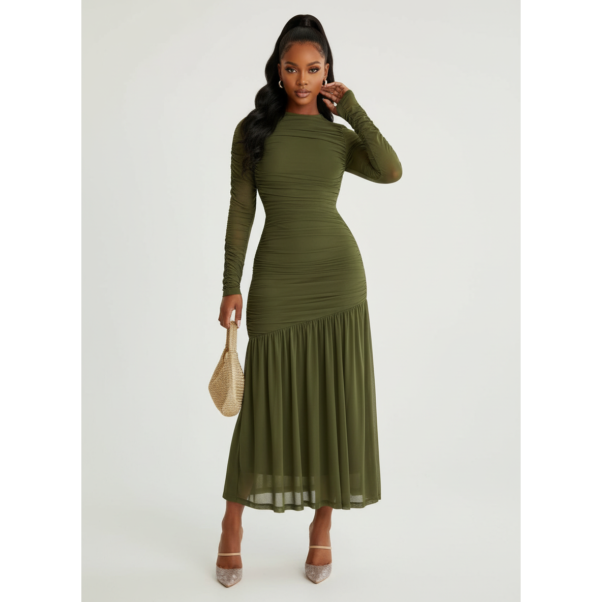 Elegant Long Sleeve Ruffle Hem Dress