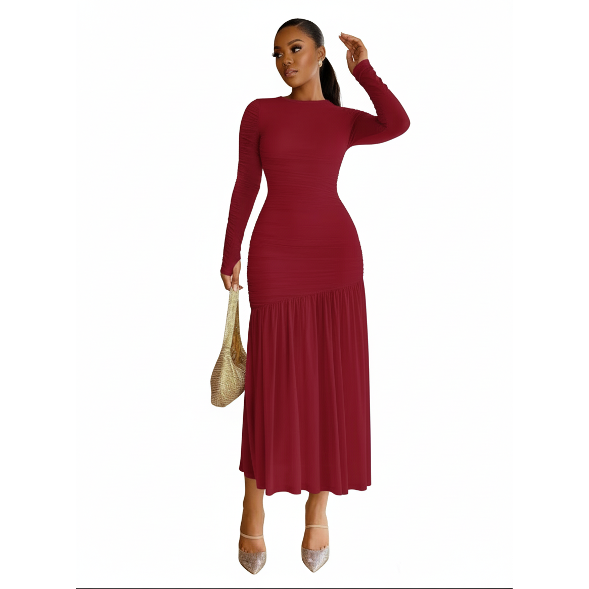 Elegant Long Sleeve Ruffle Hem Dress