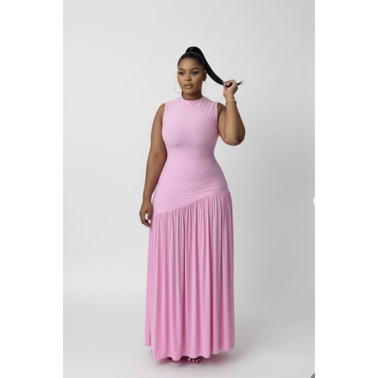 Sleeveless Mock-Neck Ruched Maxi Dress