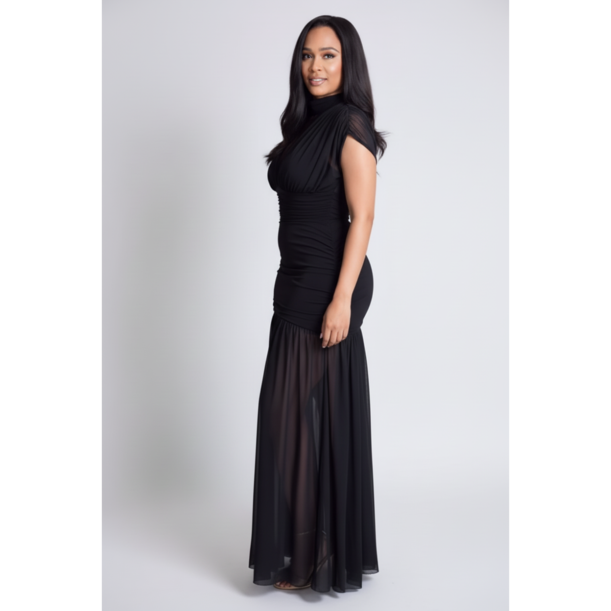 Ruched Mesh Cap Sleeveless Maxi Dress