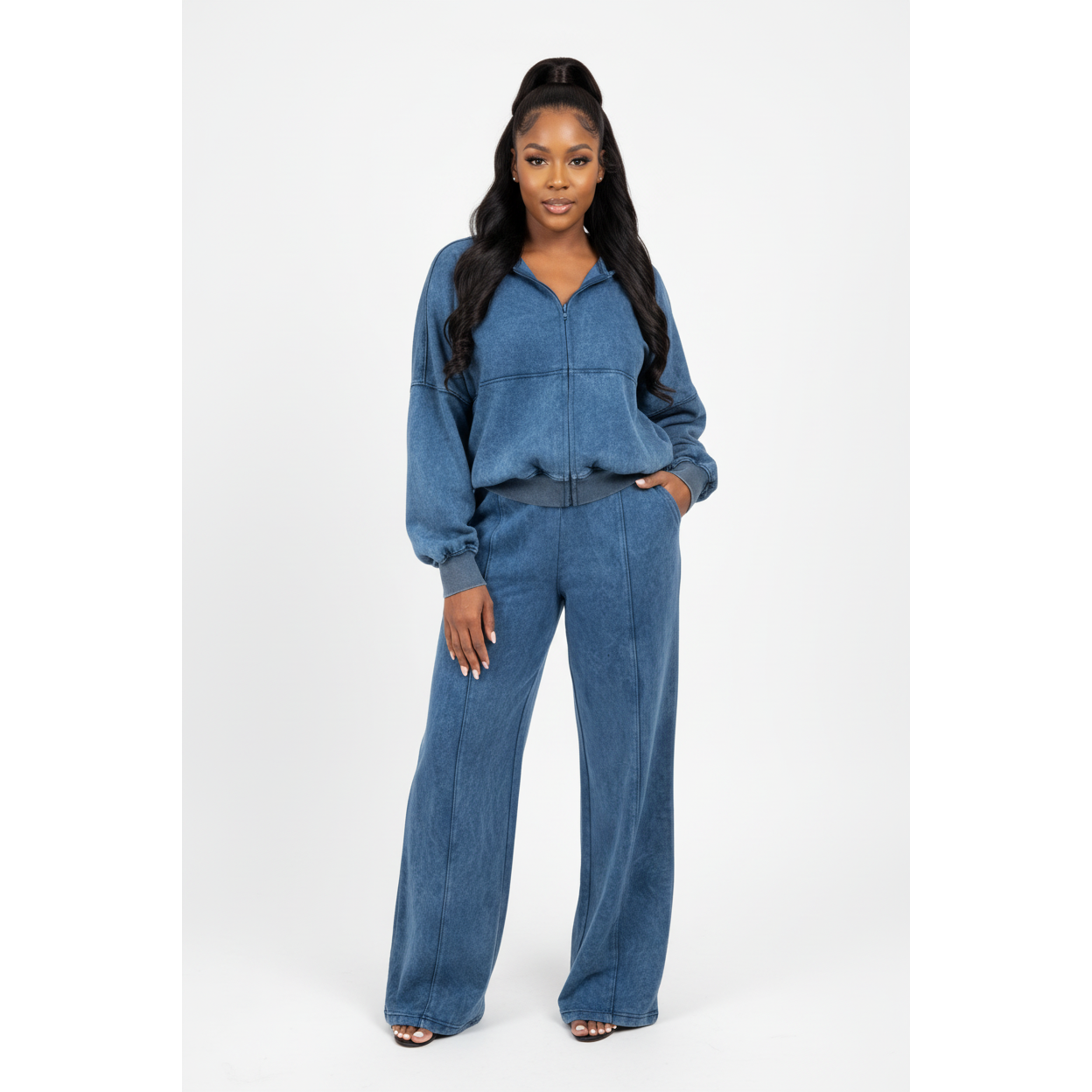 Washed Zip-Up Hoodie & High-Waisted Flare Pants