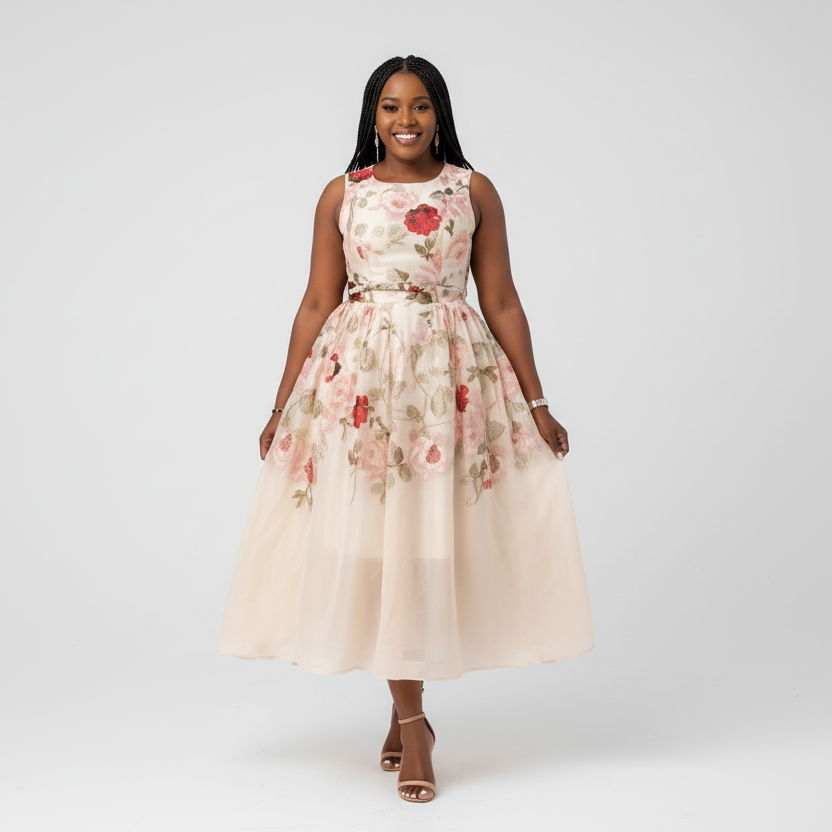 Elegant Sleeveless Rose Printed Midi Dress