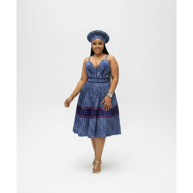 Royal Traditional Shweshwe Backless Pleated Dress