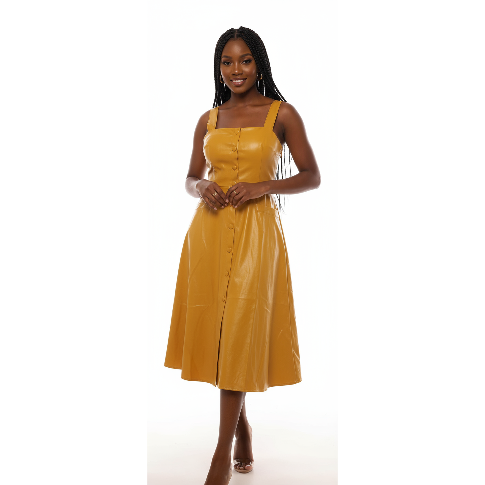 Yellow dress on a mannequin against a white background