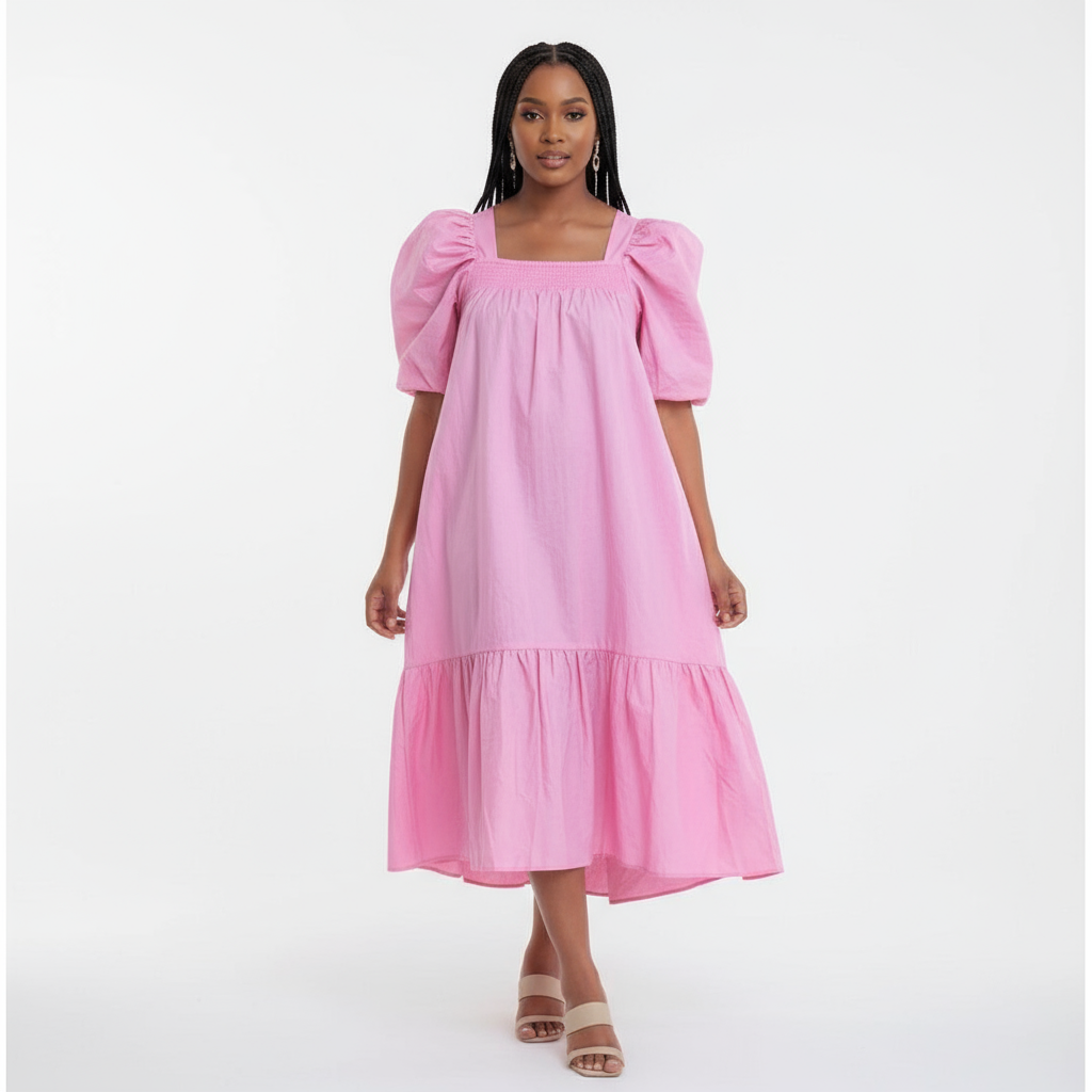 Woman wearing a pink dress with puff sleeves on a white background