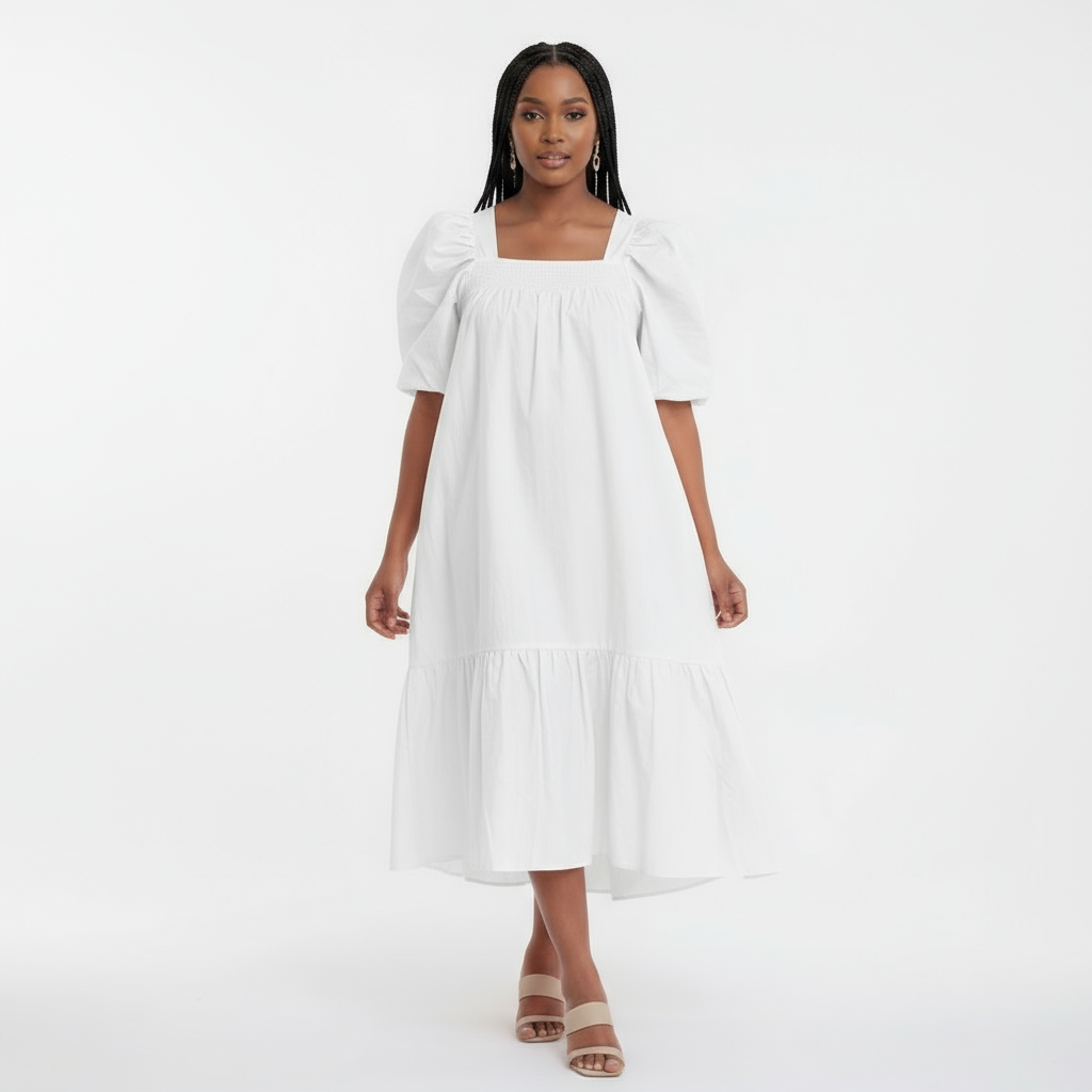 Shirred Tiered Poplin Maxi Dress