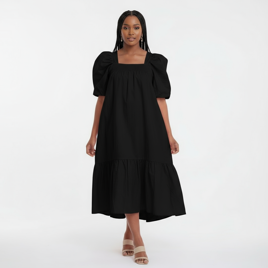 Shirred Tiered Poplin Maxi Dress