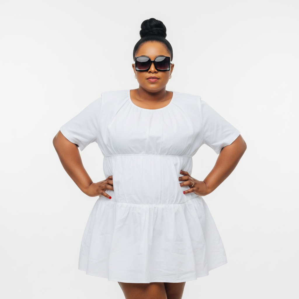 Woman wearing a white dress and sunglasses outdoors