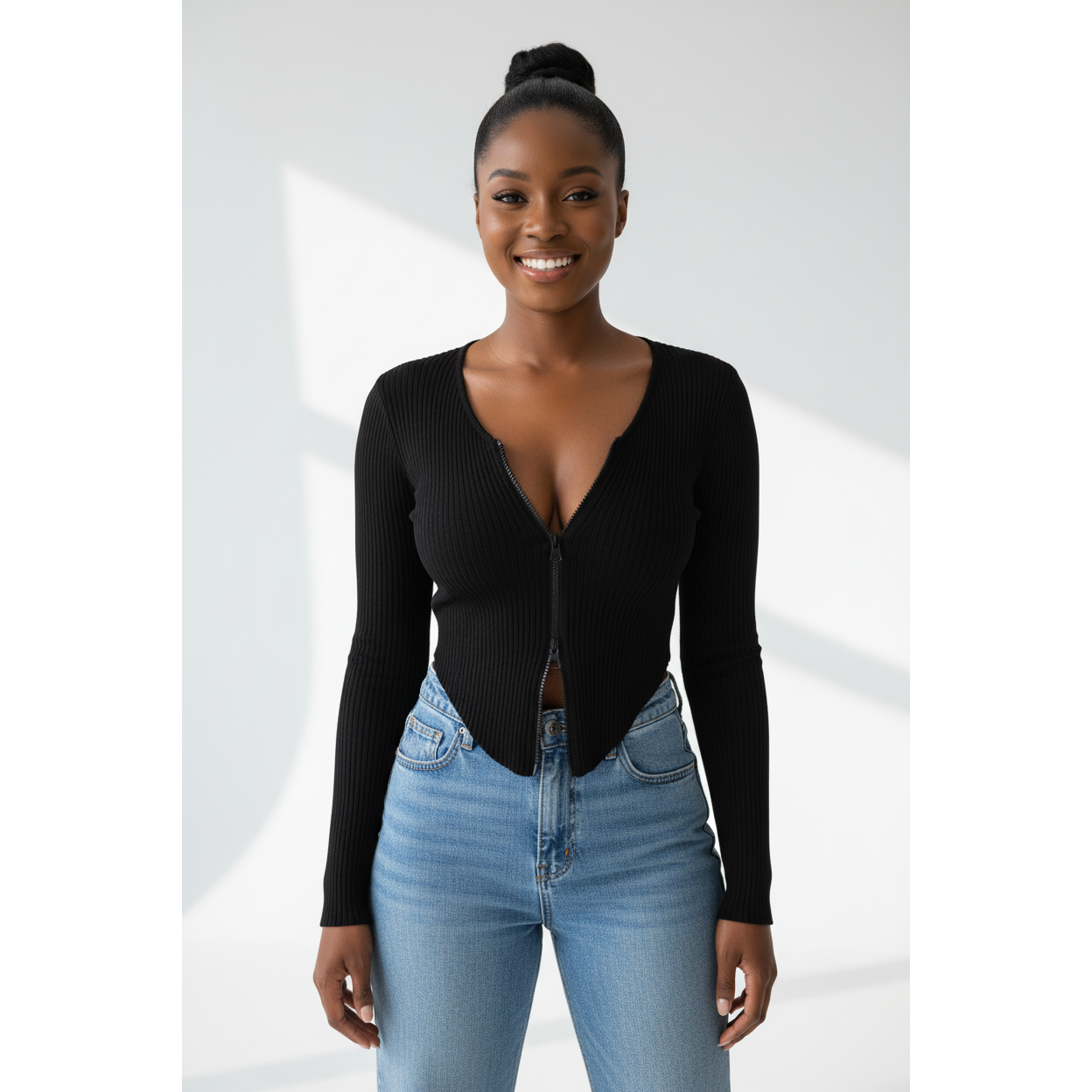 Ribbed Knitted Zipper Crop Tops