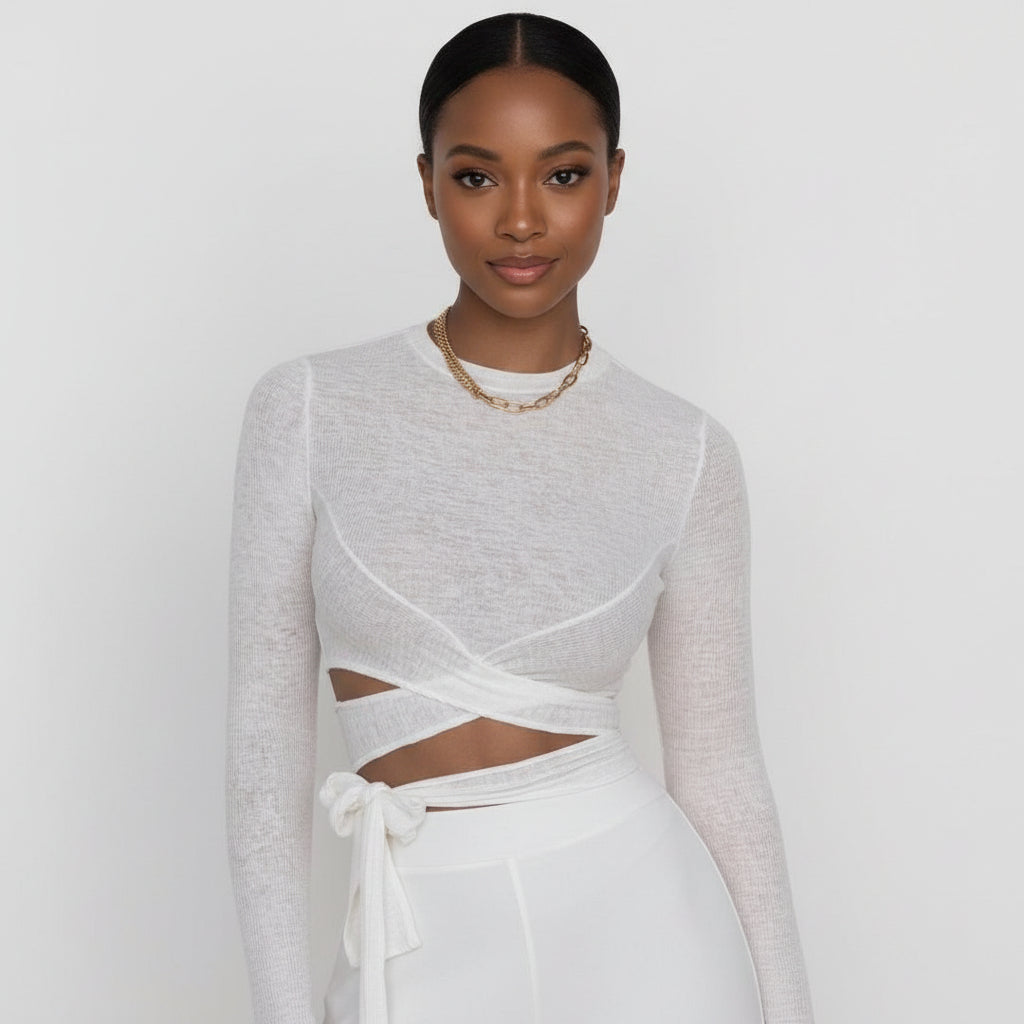 Long-Sleeved Round Neck Cutout Top