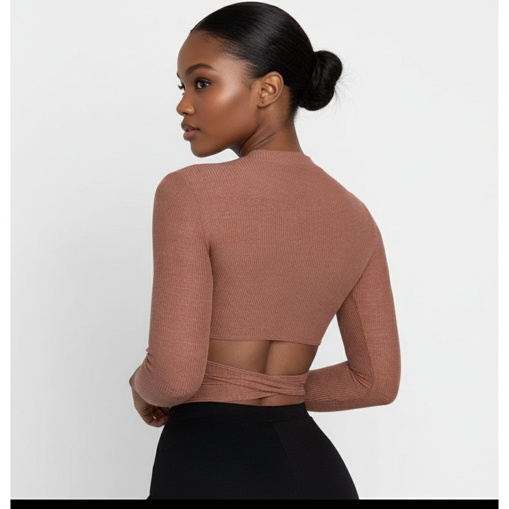 Long-Sleeved Round Neck Cutout Top