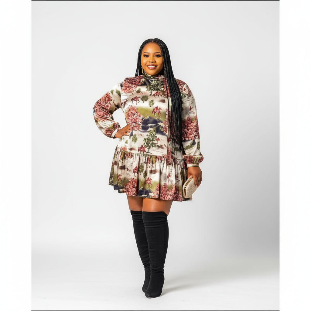 A woman wearing a vintage floral bubble dress with long sleeves, knee-high boots, sunglasses, and standing outdoors.