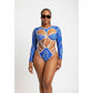 Vintage Print Long Sleeve One-Piece Hollow Out Bikini