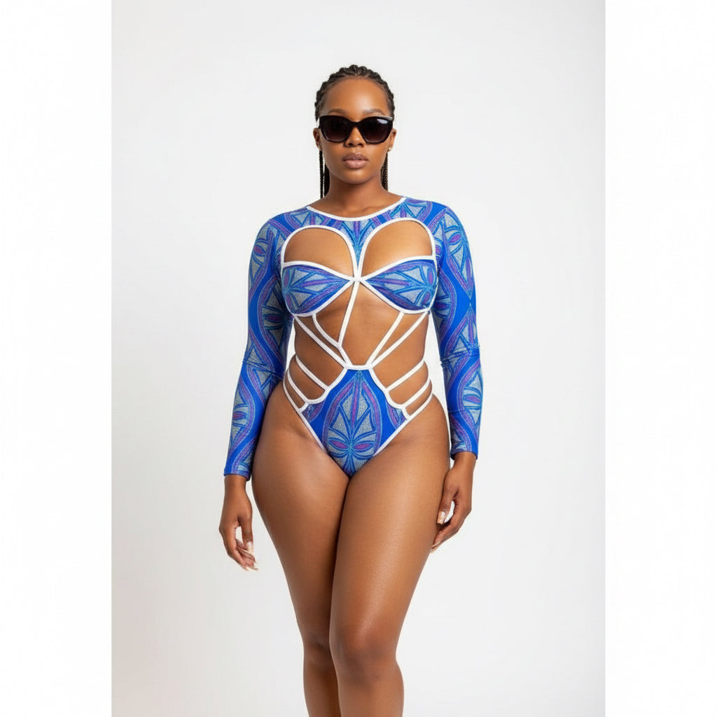 Vintage Print Long Sleeve One-Piece Hollow Out Bikini