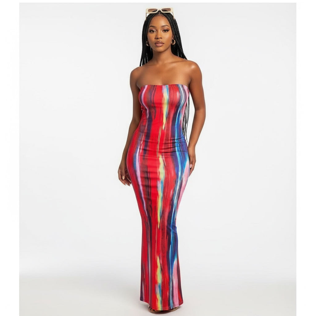 Tie Dye Print Strapless Boob Tube Dress