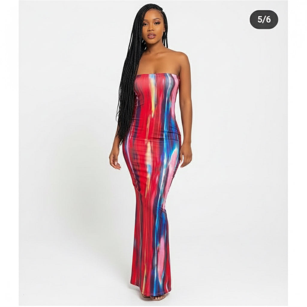 Tie Dye Print Strapless Boob Tube Dress