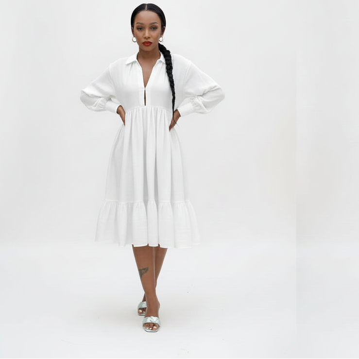 Casual Long Puff Sleeve Shirt Dress