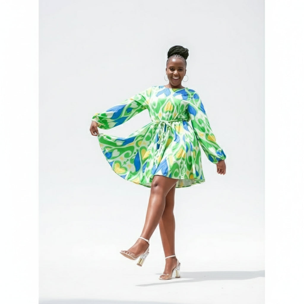 Bowknot Round  Neck Lantern Sleeve Mini Dress