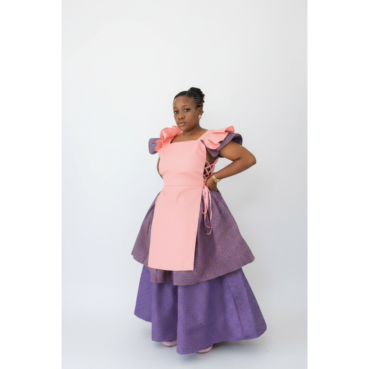 Multi-Tiered Off-Shoulder Ruffled Traditional Dress – Pink & Purple