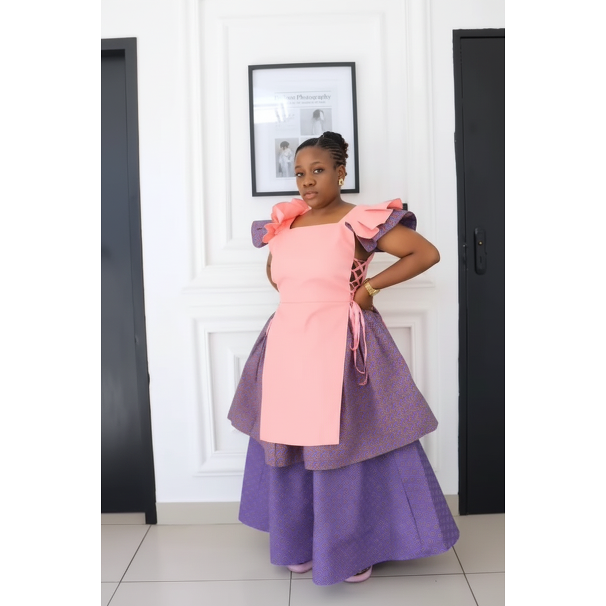 Multi-Tiered Off-Shoulder Ruffled Traditional Dress – Pink & Purple