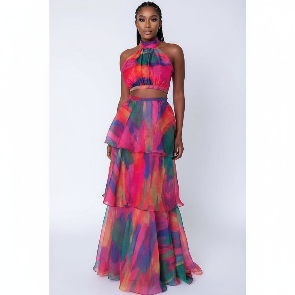 Sexy Tie-Dye Halter Top & Skirt Set