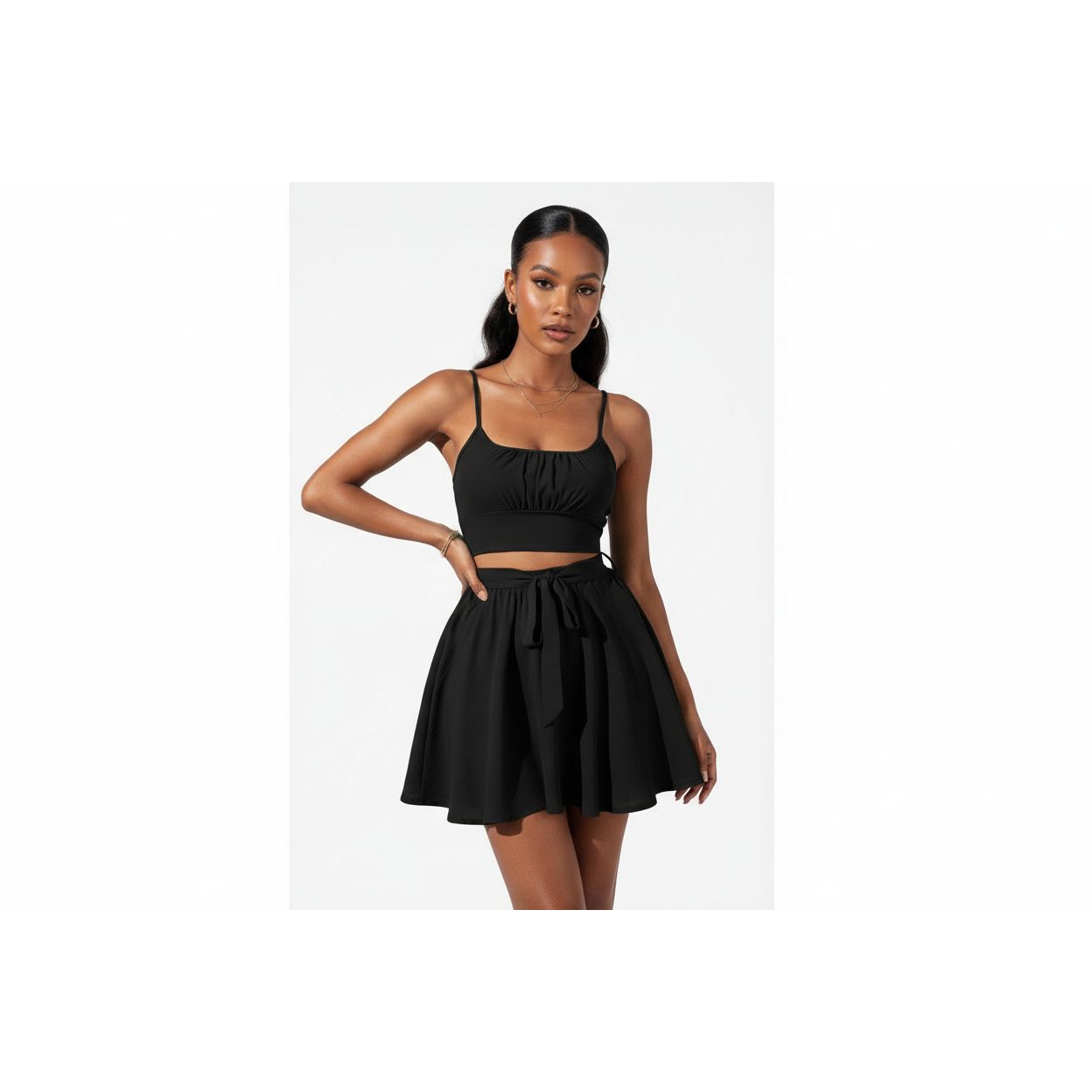 Sleeveless Crop Cami Top & Belted Skirt Set.