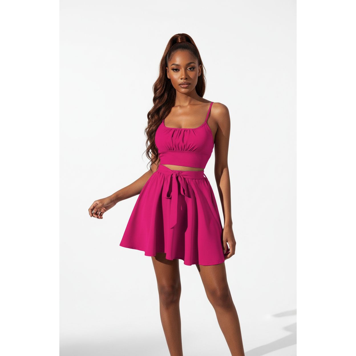 Sleeveless Crop Cami Top & Belted Skirt Set.