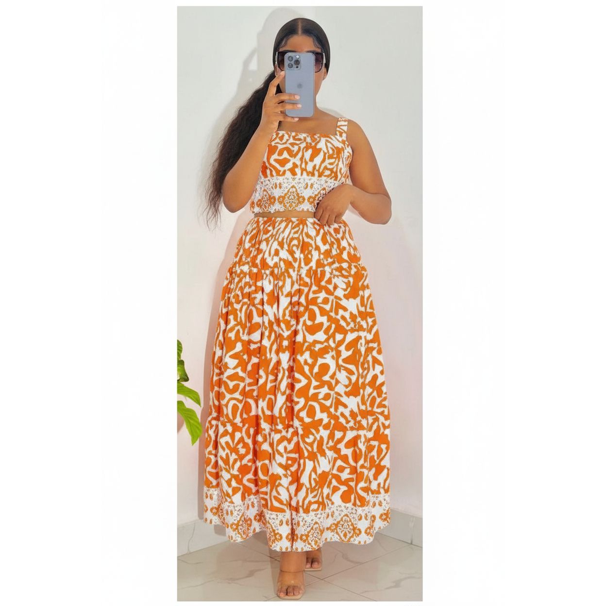 Floral Print Sleeveless Tee And Midi Skirt Set.