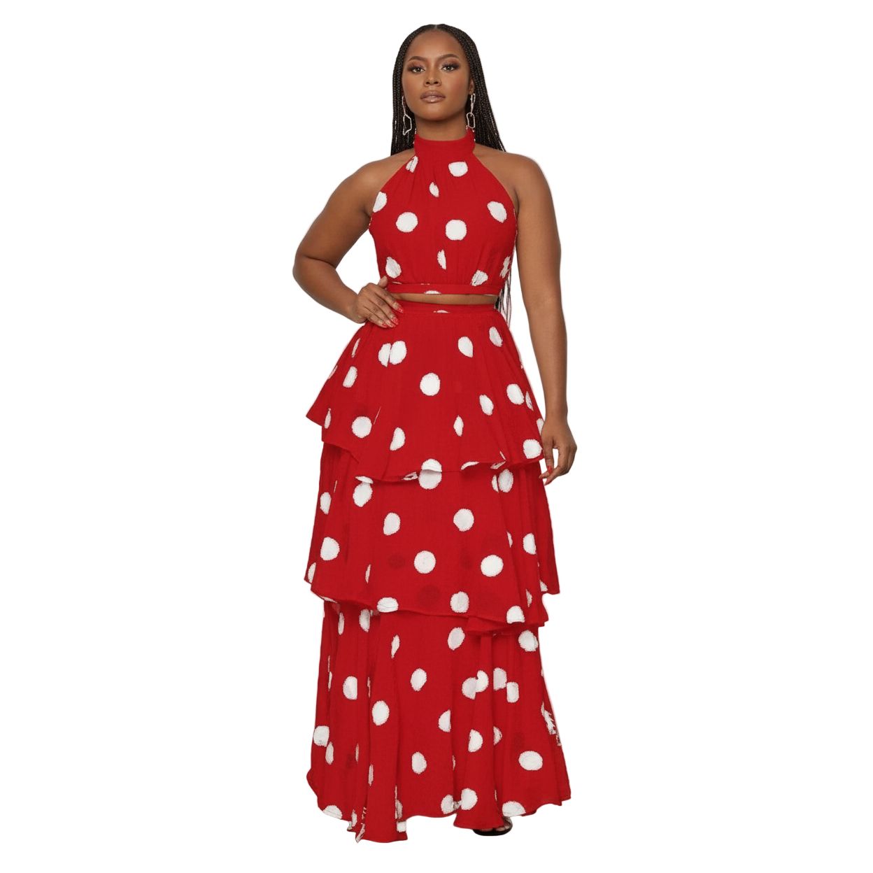 Polka Dot Halter Neck Top & Maxi Skirt Set.