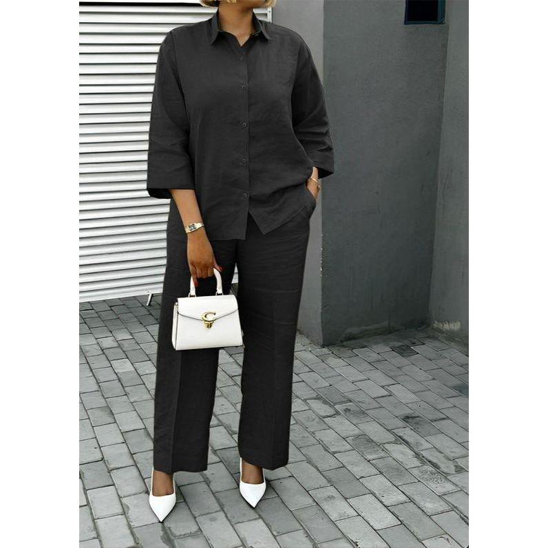 Button Decor Blouse And Relaxed Pants 2 Piece Set.