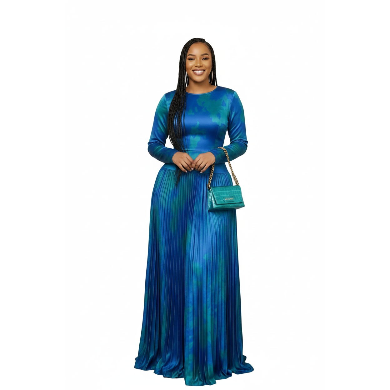 Satin Elegant Royal Blue Pleated Maxi Dress