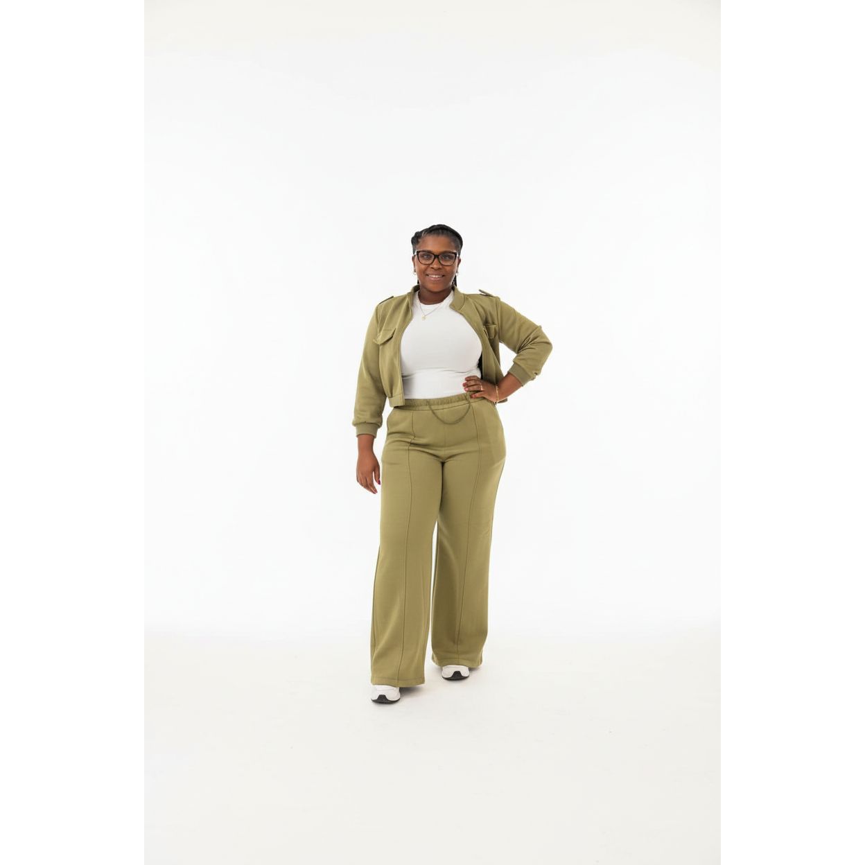Plus-Size Zip-Up Jacket & Wide Leg Pants Set