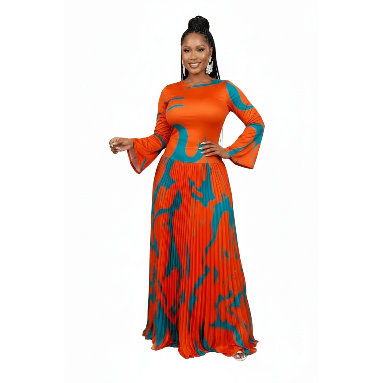 Satin Orange Marble Wave Maxi Gown
