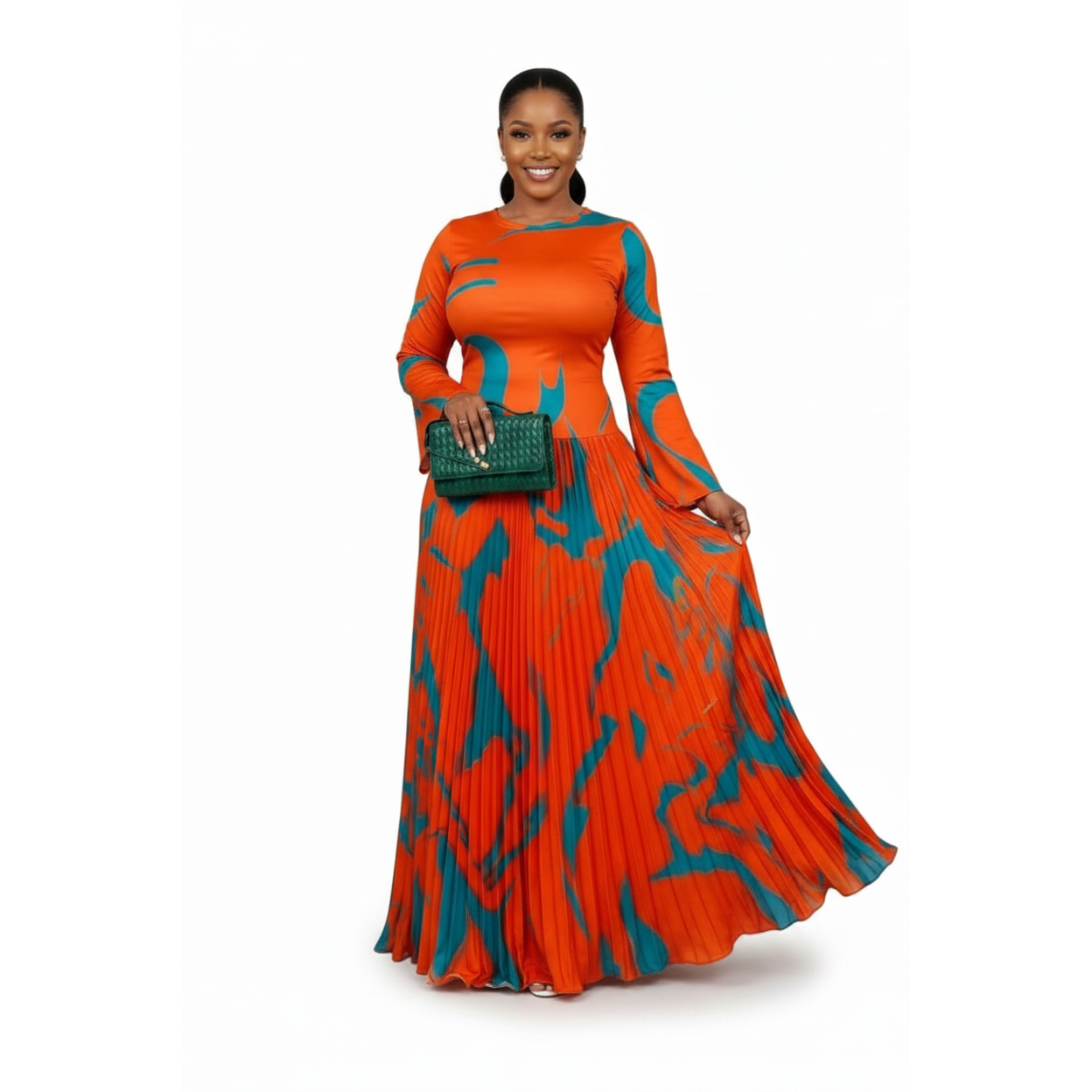 Satin Orange Marble Wave Maxi Gown