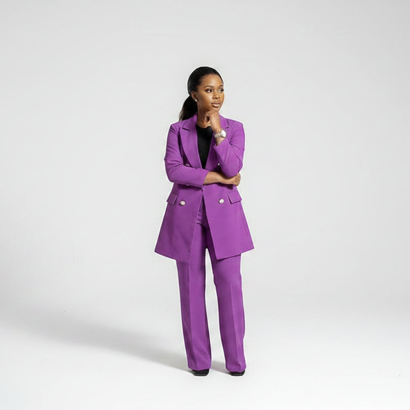 Plus Size Vintage Double-Breasted Blazer & Straight-Cut Pants Set
