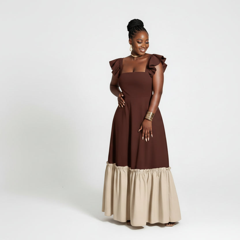 Women's Tie-back Ruffled Sleeves Color-block Maxi Dress