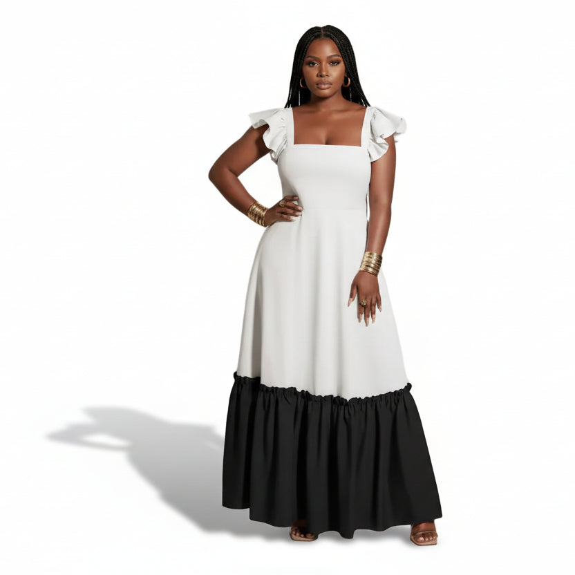 Women's Tie-back Ruffled Sleeves Color-block Maxi Dress