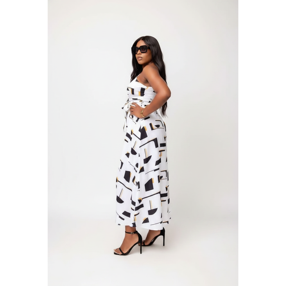 One Shoulder Printed Belt Slit Dress