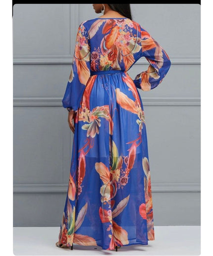 V-Neck Floral Print Maxi Dress