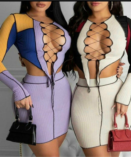 Patchwork Lace-up Hollow-out Two Piece Set
