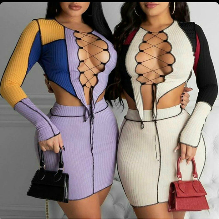 Patchwork Lace-up Hollow-out Two Piece Set