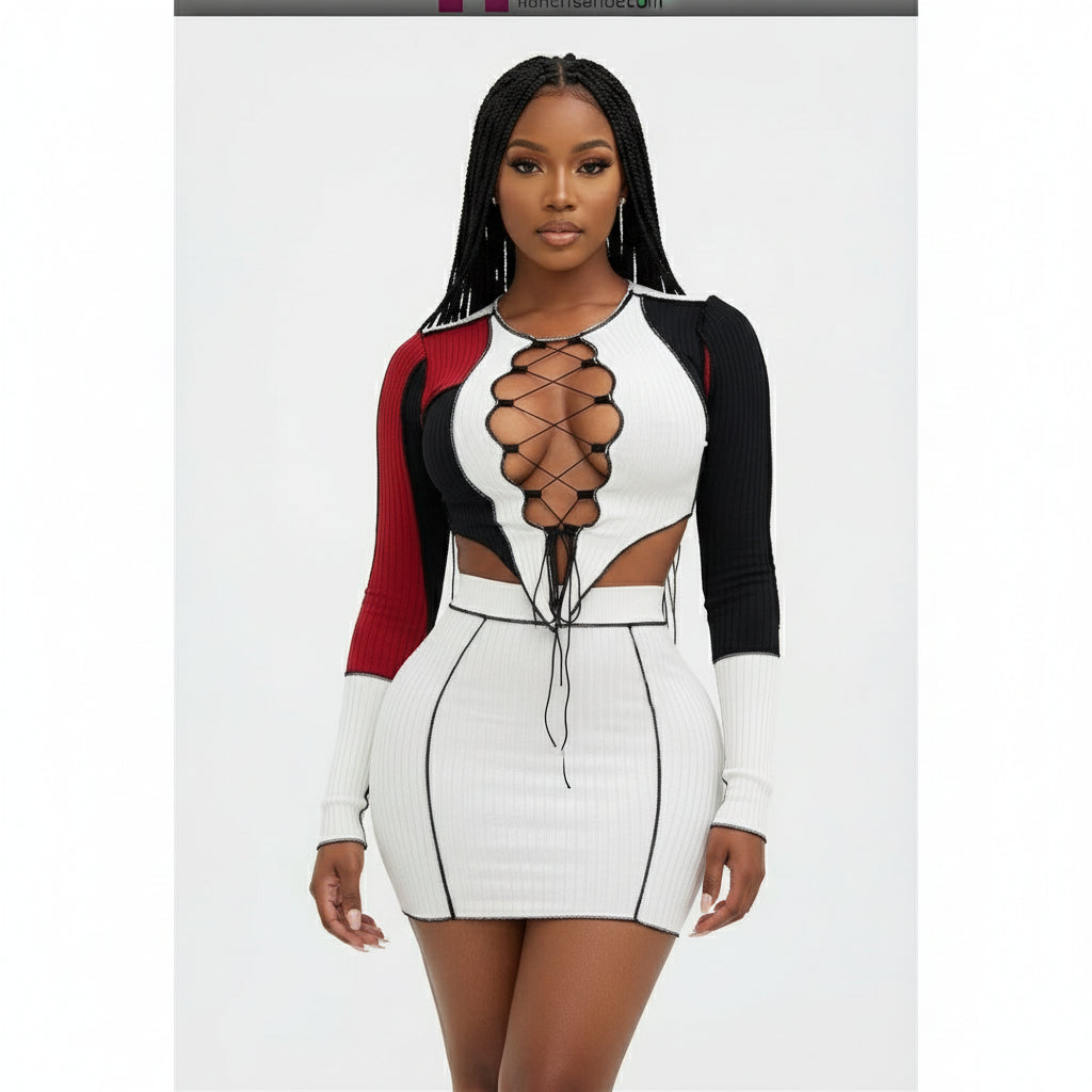 Patchwork Lace-up Hollow-out Two Piece Set