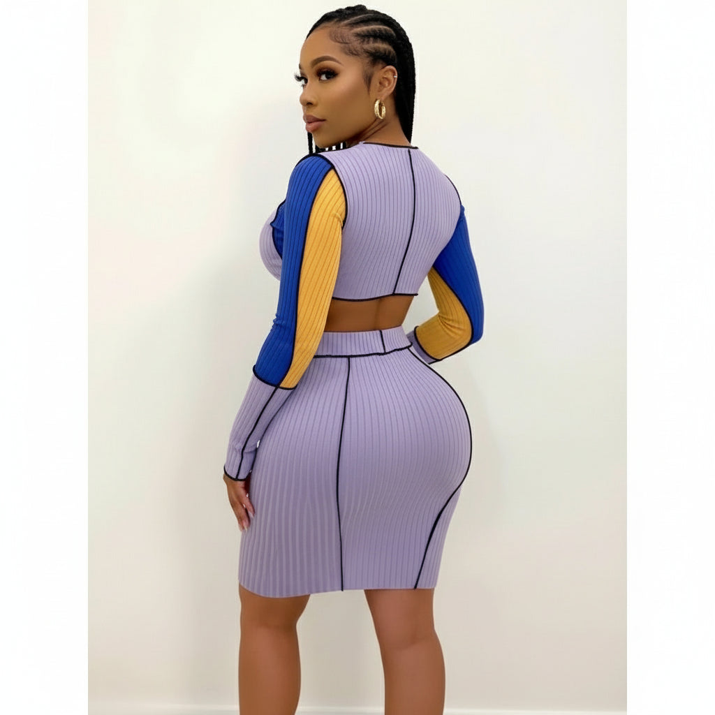 Patchwork Lace-up Hollow-out Two Piece Set