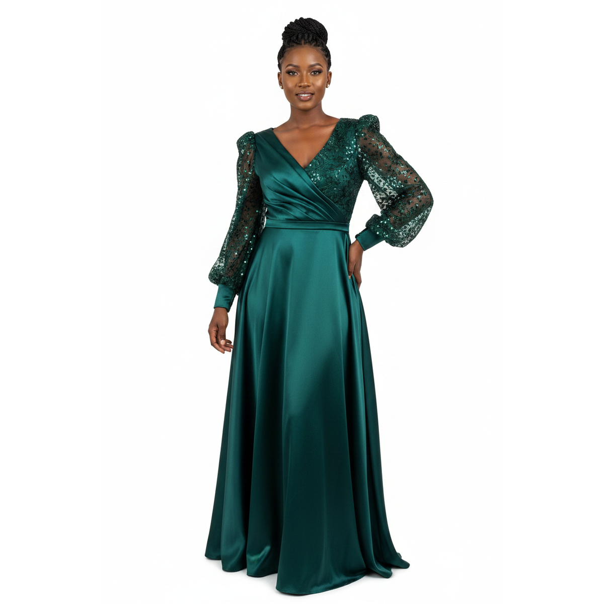 Emerald Sequin-Sleeve Satin Maxi Dress