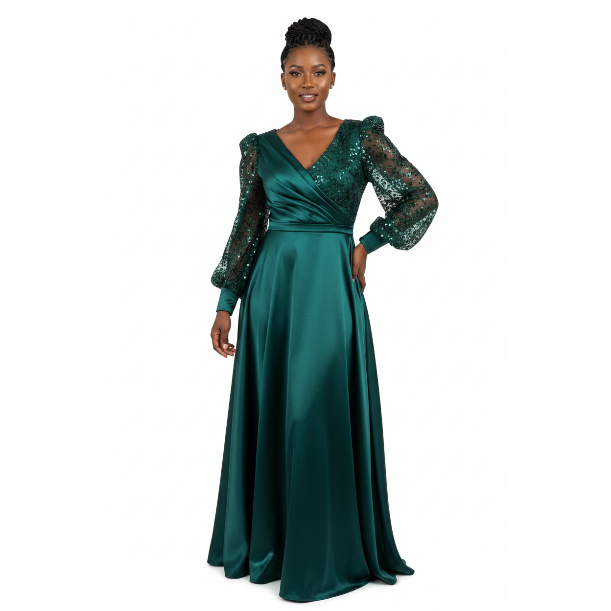Emerald Sequin-Sleeve Satin Maxi Dress